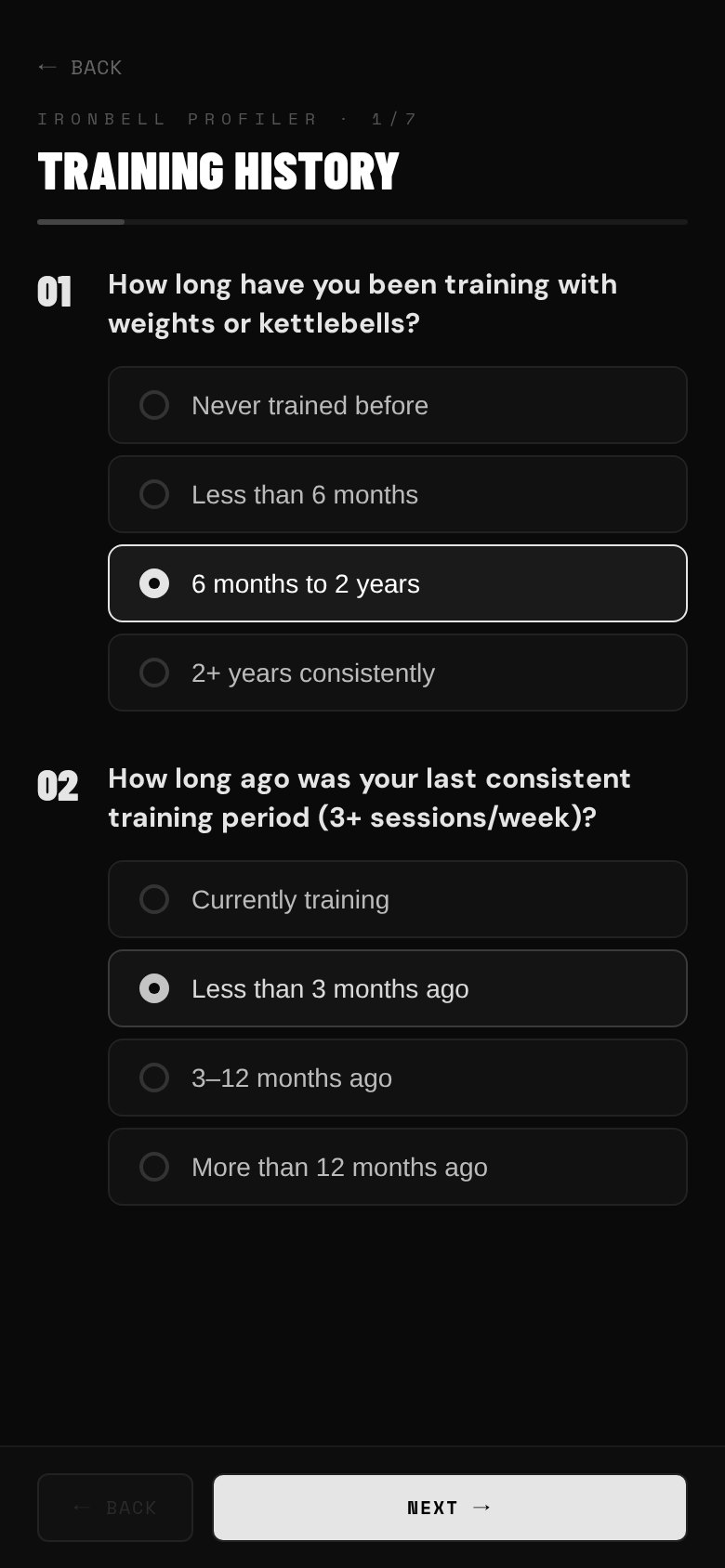 Assessment screen of the IRONBELL app