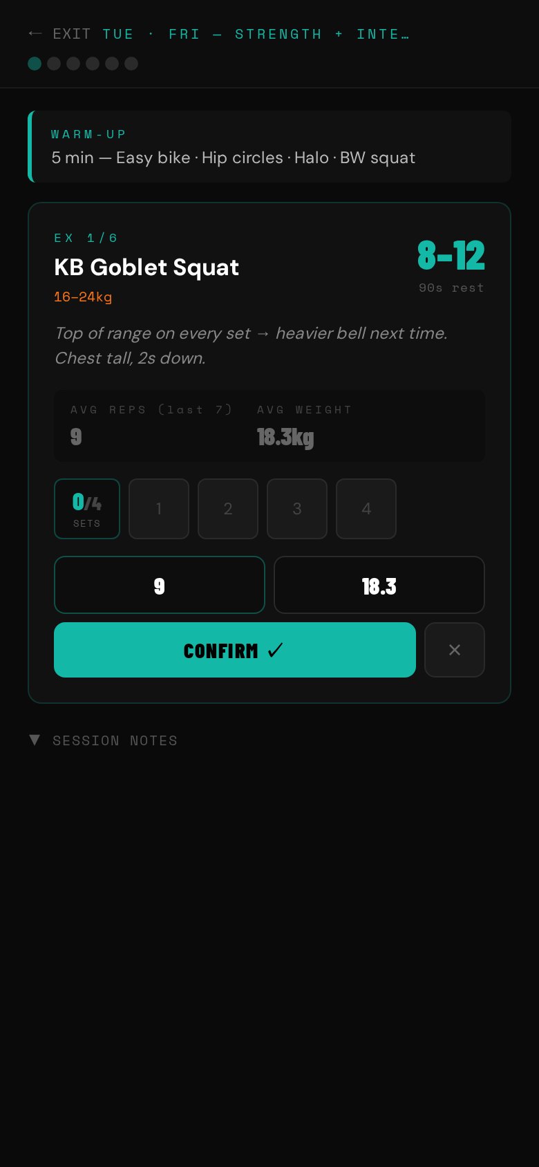 Set logging screen with reps and weight